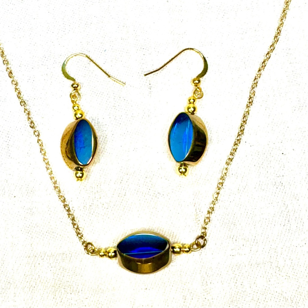 Handcrafted Women New Necklace & Pierced Earrings Set Royal Blue and Gold